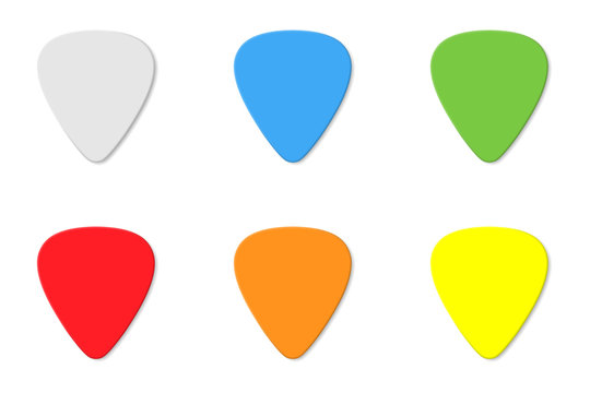 Set of realistic colorful guitar picks with shadow vector icon isolated on white background.