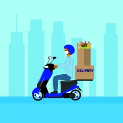Foto op Plexiglas Delivery man with blue uniform driving scooter in the city. Flat design. Concept © Cibula