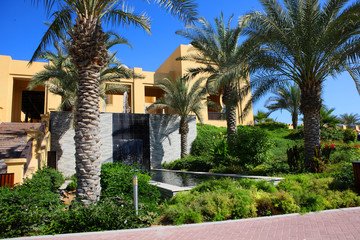 Beautiful hotel complex on the beach. Front view. Empty resort is closed for quarantine. Buildings...