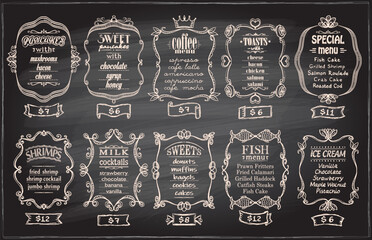 Chalk menu set with antique frames on a blackboard - pancakes, coffee menu, toasts, etc. © LP Design