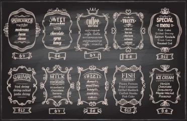 Fotobehang Chalk menu set with antique frames on a blackboard - pancakes, coffee menu, toasts, etc. © LP Design