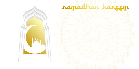 Islamic ornament pattern and mosque for Ramadan wish card design. White and gold concept.