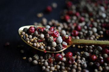 food photography of multi-colored types of peppers side view in a golden spoon on a dark background close up, macro 