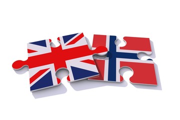 United Kingdom and Norway flag puzzle pieces. 3D rendering