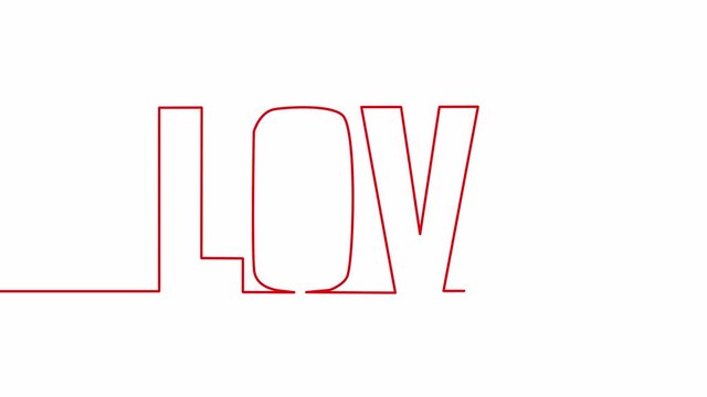 Self drawing animation of continuous one line drawing of isolated object - word text love cursive. Red line. Word and heart