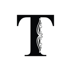 letter T. Vintage black flower ornament initial letters.  Alphabet. Logo vector 