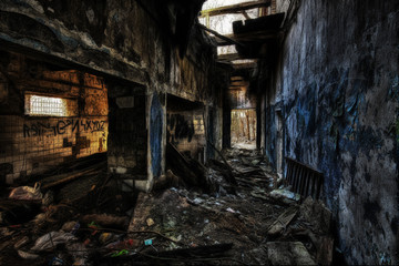 Fototapeta na wymiar Old, dirty and beautiful abandoned corridor