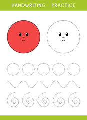 Handwriting practice sheet with circle shapes. Simple educational game for kids