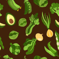 Hand drawn seamless vector pattern of green vegetables. Vegetarian food background.  Cartoon style. Onion, peas, beans, turnip, artichoke, cucumber, pepper, avocado, cabbage, broccoli.