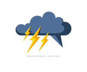 Motivational emotional speech vector concept shown with speech bubble in shape of cloud and lightning bolt, touching monolog, excited speaker.