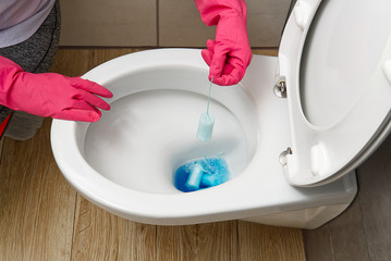 do not throw foreign objects, sanitary pads, tampons, paper, plastic into the toilet. Close-up of a...