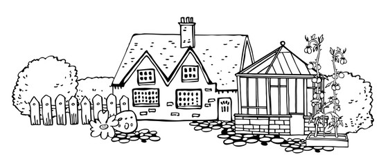 Composition with old village house, greenhouse and garden. Hand drawn outline vector sketch illustration