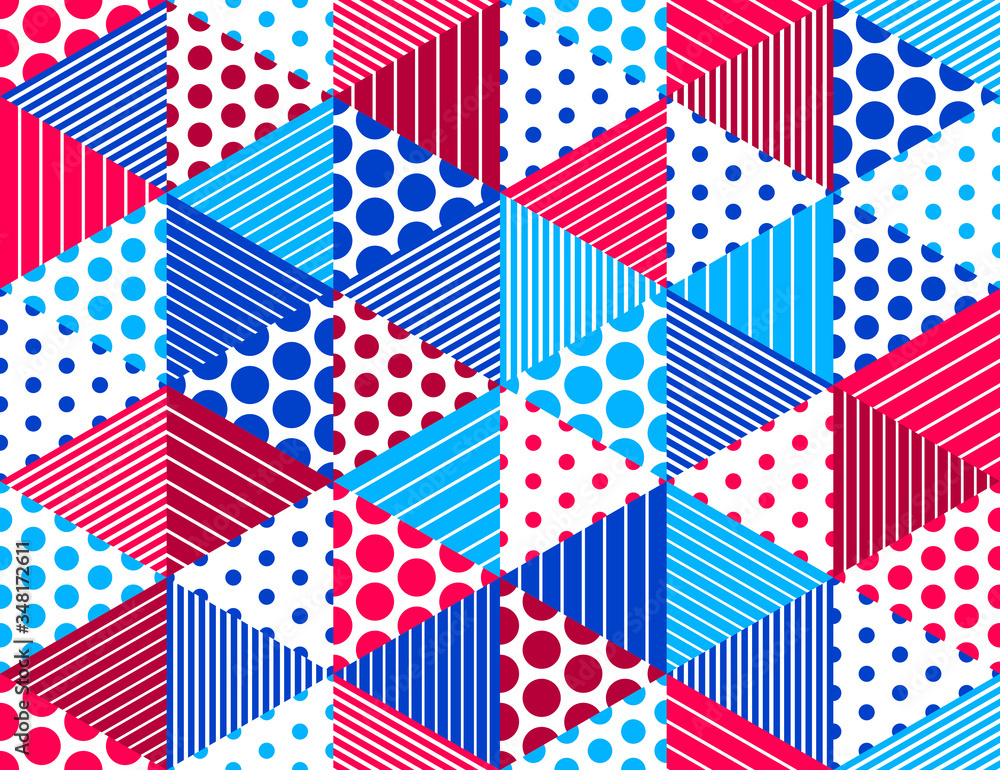 Poster seamless cubes vector background, rhombus and triangles and dots boxes repeating tile pattern, 3d ar