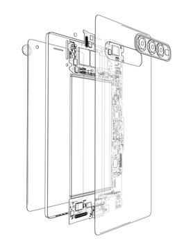 smartphone exploded view, detailed outline clip art preview