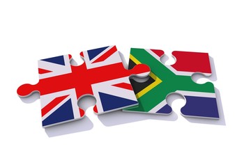United Kingdom and South Africa flag puzzle pieces. 3D rendering