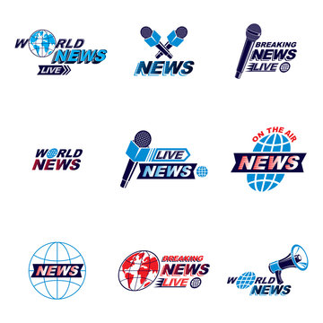 Set of social telecommunication theme logotypes, emblems and posters. Earth globe, microphones and megaphones devices vector illustrations created with news writing.