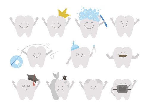 Set of cute kawaii teeth. Vector collection of tooth icons for children design. Funny dental care picture for kids. Dentist baby clinic clipart with mouth hygiene concept on white background..
