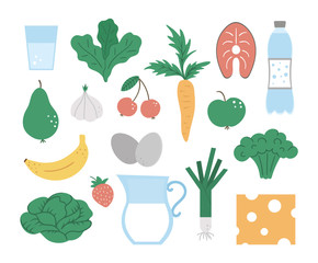 Set of vector healthy food and drink icons. Vegetable, milk products, fruit, berry, fish illustration isolated on white background. Flat hand drawn organic nutrition clipart. .