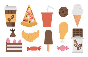 Set of vector junk food and drink icons. Ice-cream, pizza, sweet products, chocolate, candy, pastry illustration isolated on white background. Flat hand drawn unhealthy nutrition clipart. .
