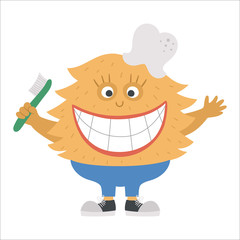 Cute toothy monster with broad smile. Funny character holding toothbrush. Creature with healthy teeth for kids. Dental care picture for children. Dentist clinic clipart with mouth hygiene concept.
