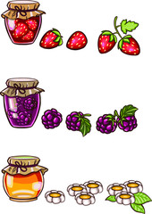 Simple hand drawn illustration of homemade jam jam with cherry berries, seasonal autumn indoors activities.
