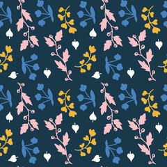 Obraz premium Seamless pattern with hand drawn branches and floral elements. Bright colours pink, blue, yellow, peach. Rustic style. Isolated on blue
