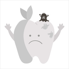 Cute kawaii aching tooth with bandage and microbe. Vector caries teeth icon for children design. Funny dental care picture for kids. Dentist clipart with mouth hygiene concept on white background..