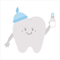 Cute kawaii tooth holding milk bottle. Vector teeth icon for children design. Funny dental care picture for kids. Dentist baby clinic clipart with mouth hygiene concept on white background..