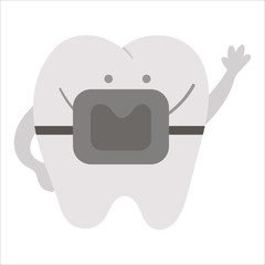 Cute kawaii tooth with braces. Vector teeth icon for children design. Funny dental care picture for kids. Dentist baby clinic clipart with mouth hygiene concept on white background..