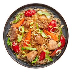Pad Woon Sen or Thai Pork Glass Noodle Stir-Fry in black plate isolated on white backdrop. Pad Woon Sen is a Thai cuisine dish of glass bean noodles, meat, tomatoes, carrots, egg, sauces. Thai Food.