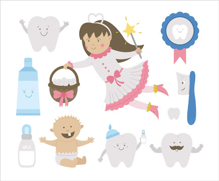 Cute tooth fairy vector set. Kawaii fantasy princess with funny smiling toothbrush, baby, molar, milk bottle, medal, toothpaste, teeth. Funny dental care picture for kids. Dentist baby clinic clipart.