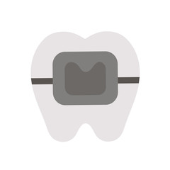 .Tooth with braces. Vector teeth icon. Funny dental care design. Dentist clinic clipart with mouth hygiene concept isolated on white background..