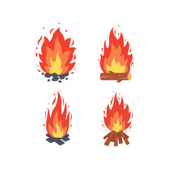 Campfire different types. Vector burning bonfire frames. Camping fire collection. Fireplace with fire coals or woodfire in cartoon style set.