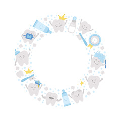 Vector round frame with cute teeth. Wreath card template with kawaii funny smiling toothbrush, baby, molar, toothpaste, tooth. Funny dental care picture for kids framed in circle.