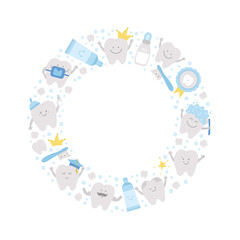 Vector round frame with cute teeth. Wreath card template with kawaii funny smiling toothbrush, baby, molar, toothpaste, tooth. Funny dental care picture for kids framed in circle.