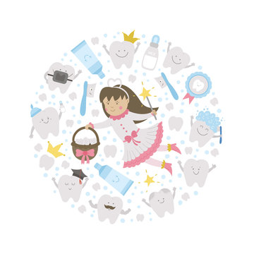 Vector round frame with cute tooth fairy. Card template with kawaii fantasy princess, funny smiling toothbrush, baby, molar, toothpaste, teeth. Funny dental care picture for kids framed in circle. .