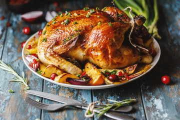 Roast whole chicken with roast vegetables on plate on a table