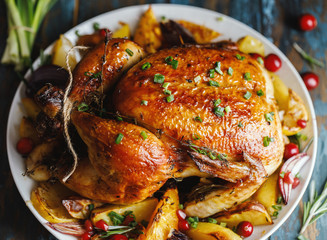 Roast whole chicken with roast vegetables on plate on a table