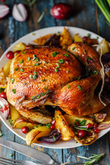 Roast whole chicken with roast vegetables on plate on a table