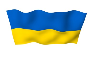 The flag of Ukraine on a white background. National flag and state ensign. Blue and yellow bicolour. 3D illustration waving flag