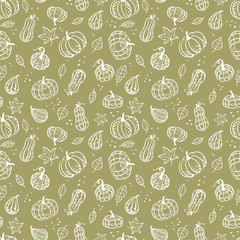 Beautiful pumpkin halloween thanksgiving seamless pattern, cute cartoon pumpkins hand drawn background, great for seasonal textile prints, holiday banners, backdrops or wallpapers - vector surface