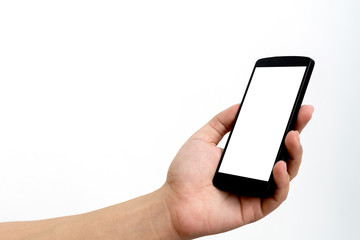 Mockup image of hand holding mobile phone with blank screen white colour smartphone on white background. Clipping path included