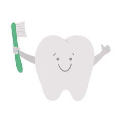Cute kawaii tooth holding toothbrush. Vector teeth icon for children design. Funny dental care picture for kids. Dentist baby clinic clipart with mouth hygiene concept on white background..