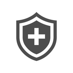 Fototapeta premium Medical shield with cross icon. Black pictogram. Modern flat design vector illustration, new concept for web banners, web site, infographics. Vector icon graphic art isolated on white background.