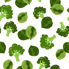 Hand drawn seamless vector pattern of broccoli and brussels sprouts. Vegetarian food background. Cartoon style. Green vegetables.
