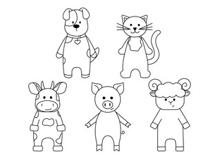 Obraz na płótnie Canvas Simple silhouettes of cartoon animals, bull, sheep, pig, cat and dog. A primitive outline, a fun toy, a fantasy. Cute coloring book for small children, vector illustration.