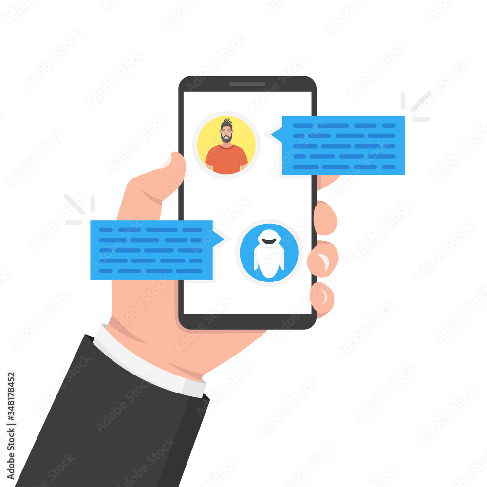 Poster chatbot concept. user chatting with chatbot in mobile application. man icon. vector illustration.