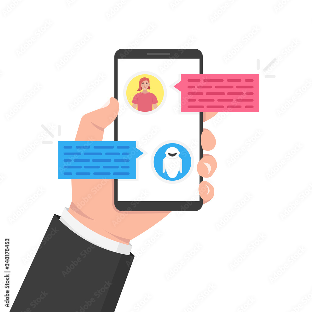 Poster chatbot concept. user chatting with chatbot in mobile application. woman icon. vector illustration.