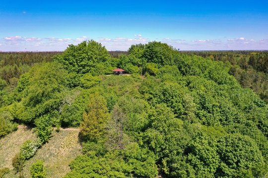 Munich, Germany - 05.06.2020: Bavarian hut on a hill in the Perlacher Forst pine forest, next to Munich, South Germany. Aerial drone shot