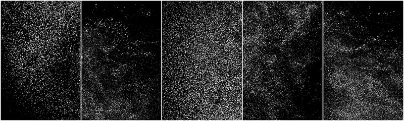 Set of distressed white grainy texture. Dust overlay textured. Grain noise particles. Snow effects pack. Rusted black background. Vector illustration, EPS 10.   